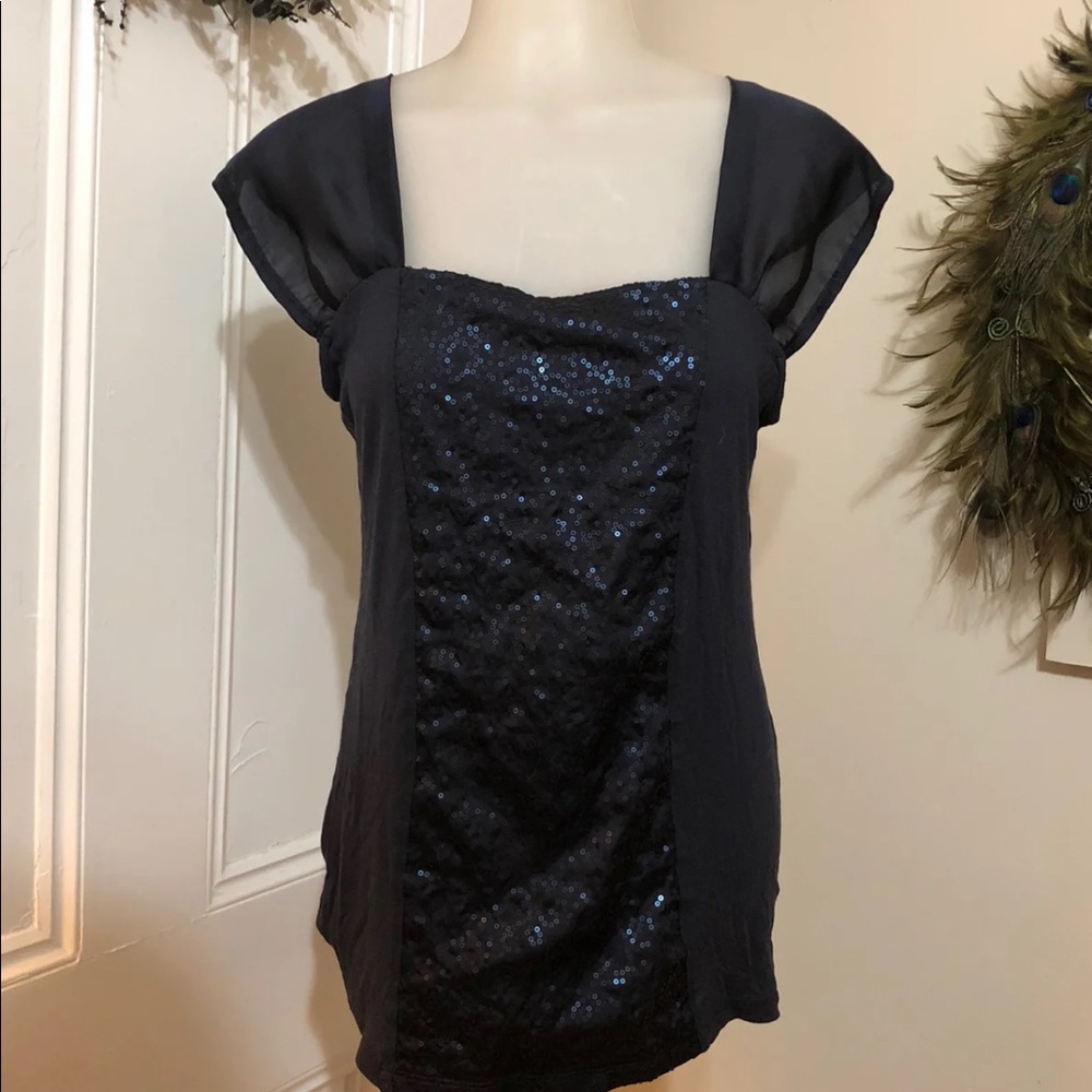 Cynthia Rowley Midnight blue sequin sheer top Sz M